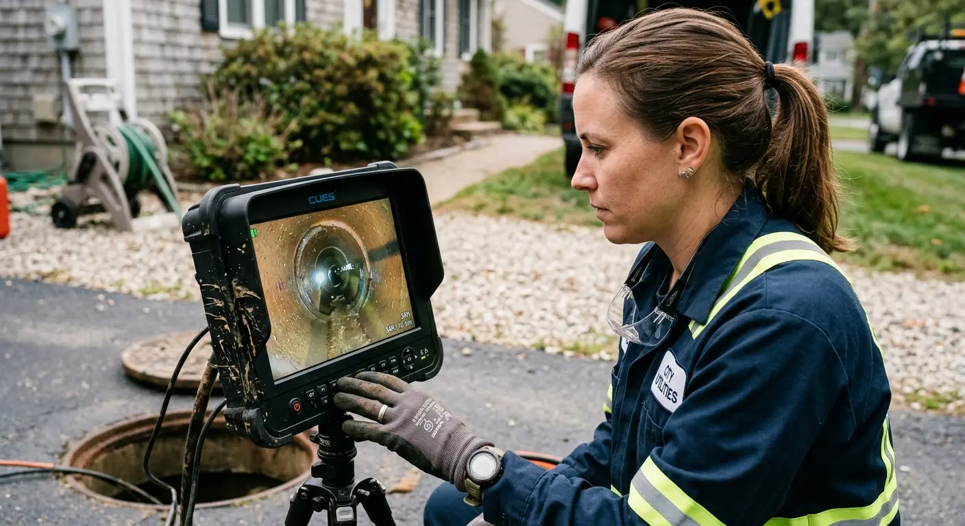 Technician reviewing sewer camera inspection footage in Roxboro