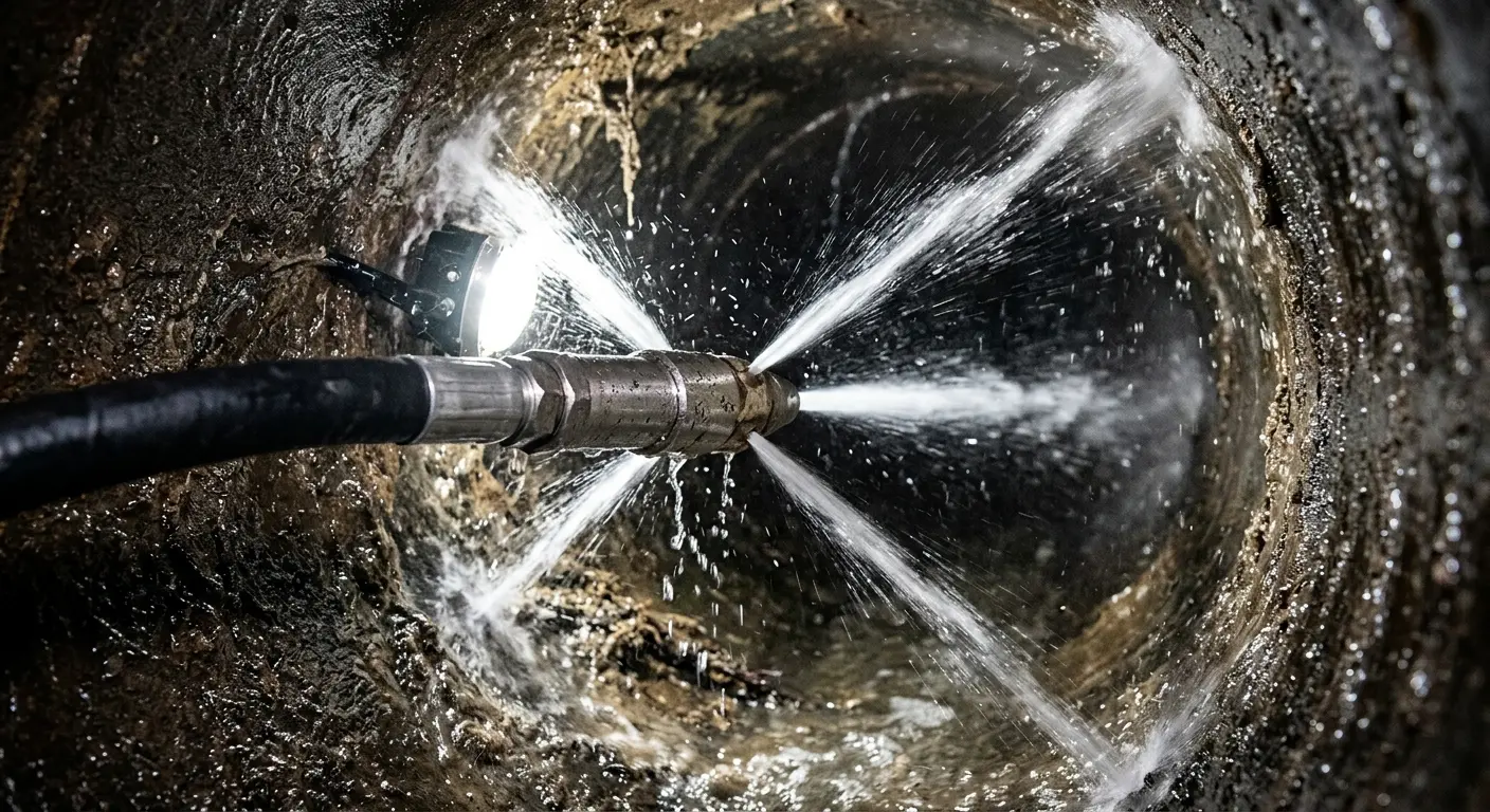 High-pressure hydro jetting nozzle cleaning sewer pipe for Trenchless Sewer Repair in Roxboro