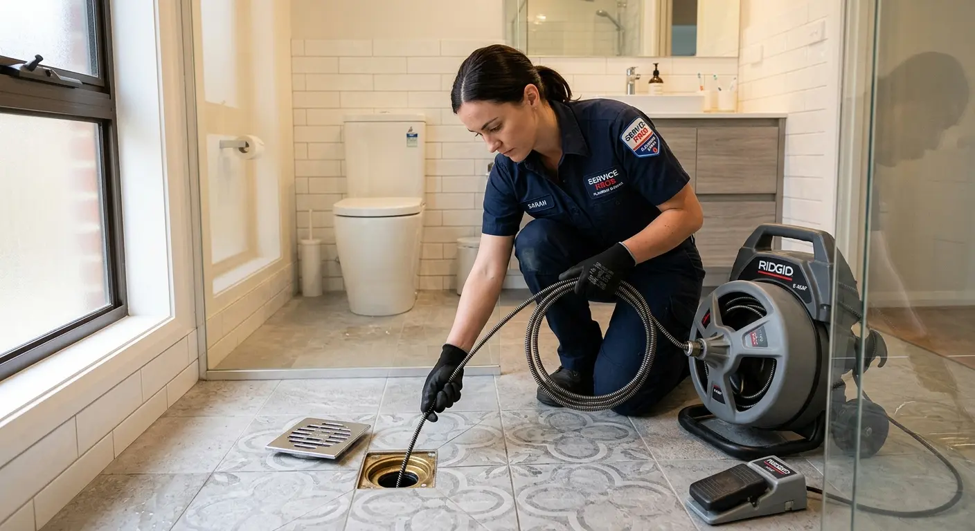 Technician clearing a bathroom floor drain for Sewer Line Replacement in Roxboro